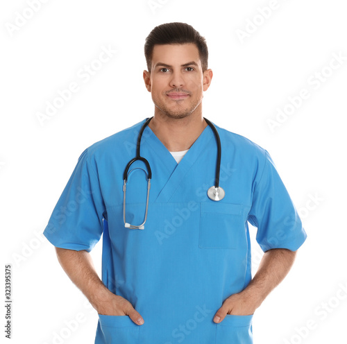 Obraz na płótnie Portrait of doctor with stethoscope on white background w salonie