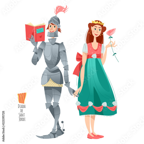 Diada de Sant Jordi (the Saint George’s Day). Traditional festival in Catalonia, Spain. Princess with a rose, knight with a book. The Day of the Rose. The Day of the Book. 