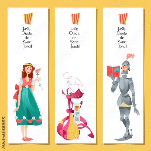 Set of bookmarks with princess, knight and dragon. Diada de Sant Jordi (the Saint George’s Day). The Day of the Rose. The Day of the Book. Traditional festival in Catalonia, Spain. 