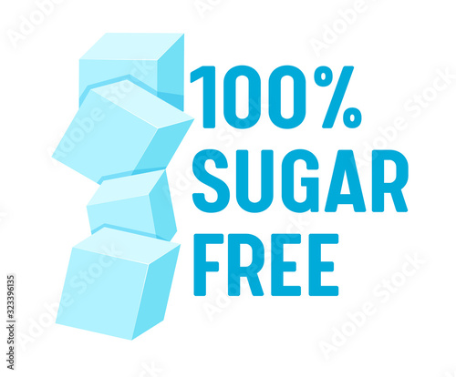 100 Percent Sugar Free Concept for Banner, Healthy Food, Low Carb Nutrition, Product, Blue Typography with Pile of Sugar Cane Cubes Isolated on White Background, Design Element. Vector Illustration