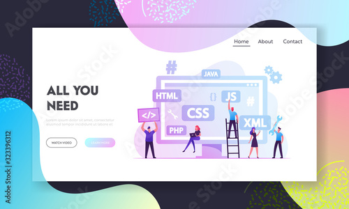 Front End Development Website Landing Page. Developers Create Ui Ux, Coding and Programming on Computer. Html Data Base Structure, Java Script Code Web Page Banner. Cartoon Flat Vector Illustration