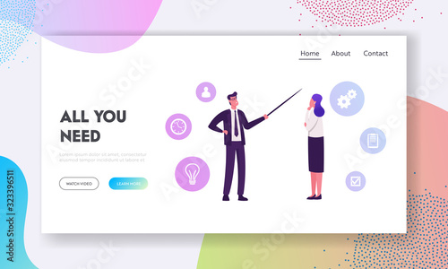 Corporate Education, Presentation, Meeting Kyc, Know Your Customer Website Landing Page. Businessman Trainer with Pointer Talking to Businesswoman Web Page Banner. Cartoon Flat Vector Illustration