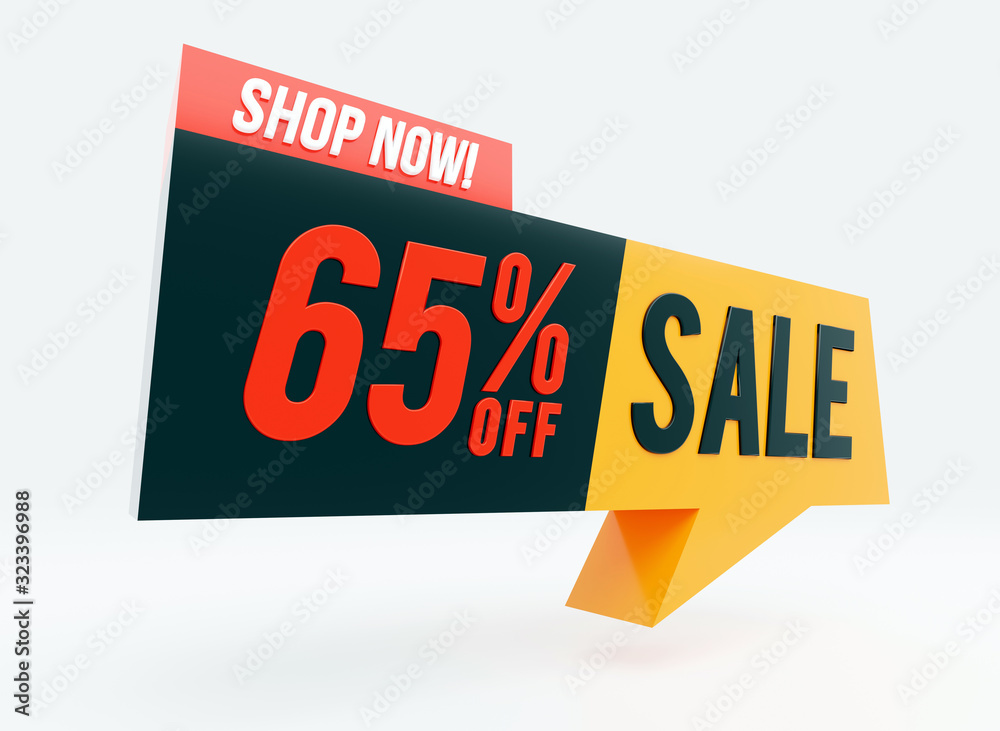 65% Sale, Shop Now text words on glossy bubble 3D render	