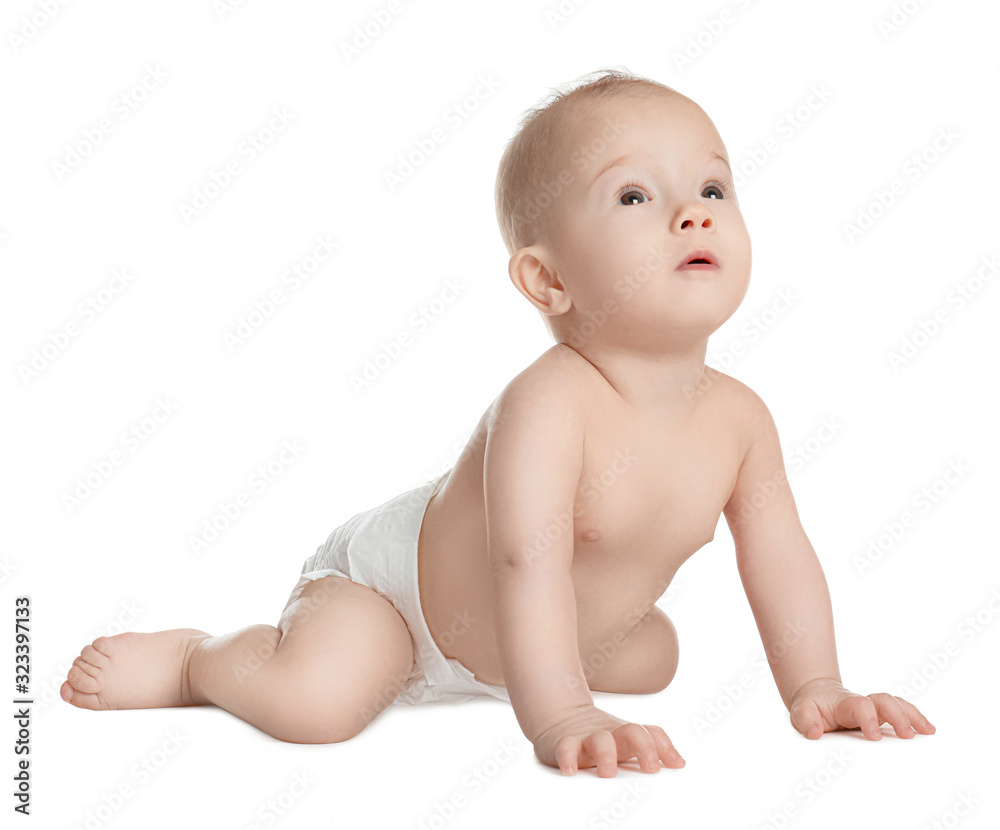 Cute little baby in diaper on white background Cute little baby in diaper on white background