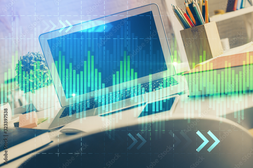 Double exposure of forex chart and work space with computer. Concept of international online trading. Double exposure of forex chart and work space with computer. Concept of international online trading.