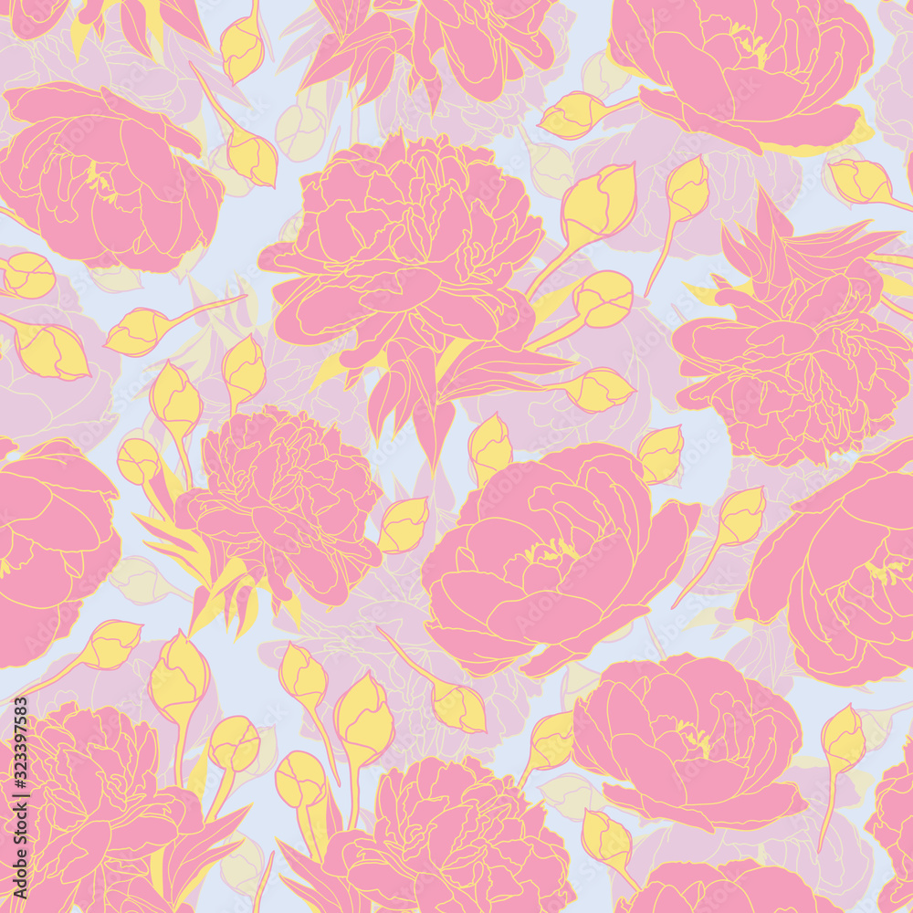 Pink and yellow Peony flowers seamless pattern
