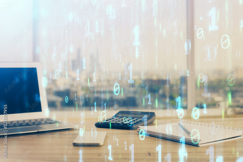 Double exposure of desktop computer and technology theme hologram. Concept of software development. Double exposure of desktop computer and technology theme hologram. Concept of software development.