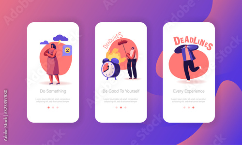 Deadline, Mess in Office, Working Stress Mobile App Page Onboard Screen Set. Employees Burning at Work, Business Troubles, Frustration Concept for Website or Web Page, Cartoon Flat Vector Illustration