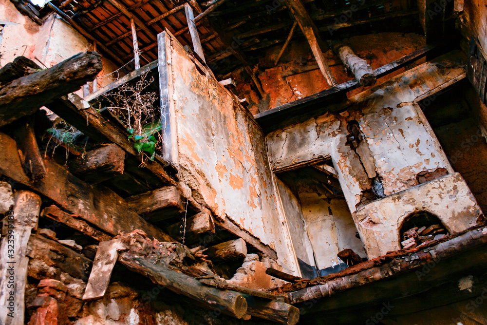 Interior of a collapsed house full of broken plants and beams