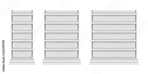 Store shelves and product display showcase, vector isolated realistic mockups. Supermarket and store display stands and racks with empty shelves and perforated background, 3D isolated models
