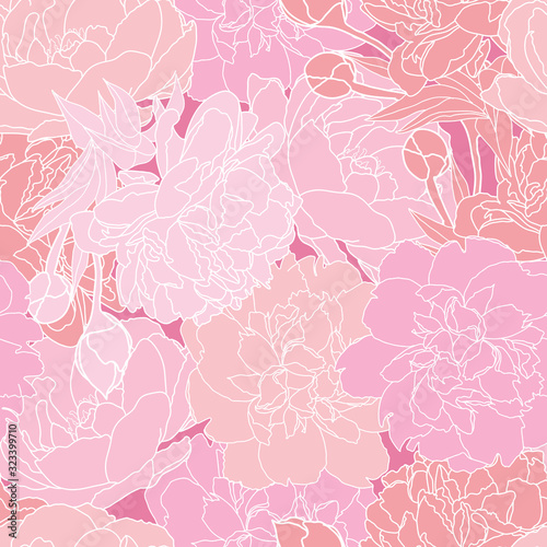 Pink peonys seamless pattern illustration