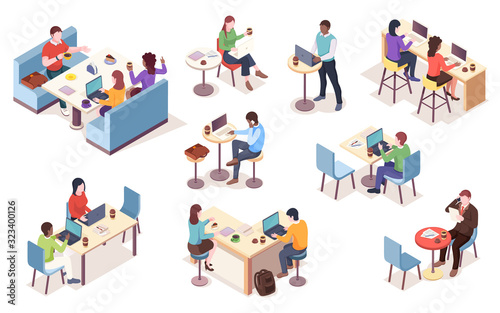 Set of isolated vector isometric people with notebook at cafe. Cafeteria work or job at dining room infographic element. Workspace icons. Coworker with coffee or tea. Business lunch with coffee