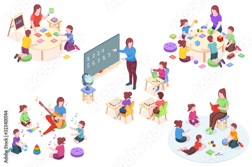 Kindergarten isometric vector elements, kids and teacher learning activity. Kindergarten educator teaching children alphabet and numbers on blackboard, learning sing and read book, preschool education