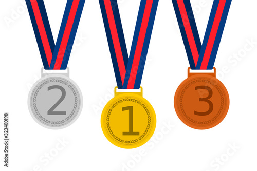 gold silver bronze medal with blue and red ribbon