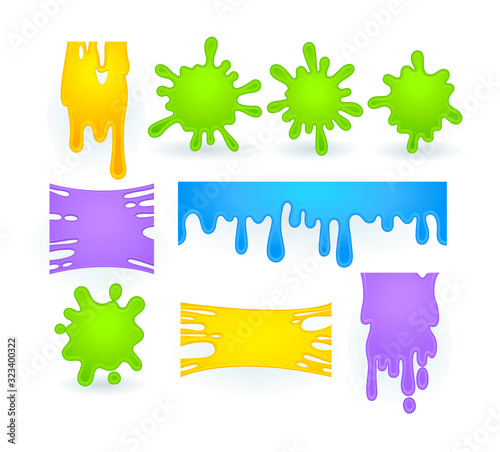 Set of Slime Splashes, Liquid Goo of Yellow, Purple, Green and Blue Blots. Dripping Halloween Texture for Banner Decoration, Bright Objects Isolated on White Background, Cartoon Vector Illustration