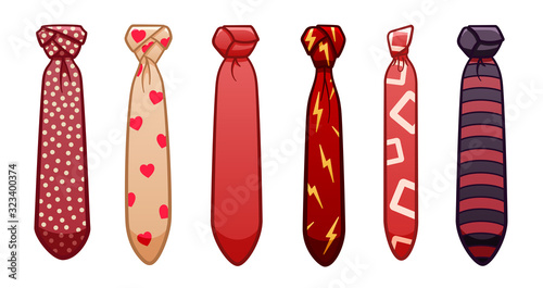 Six red neckties set on white background