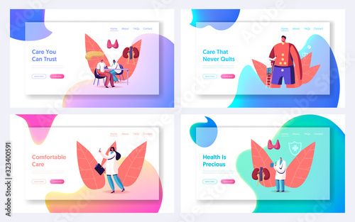 Hormone Endocrinology Disbalance Disease Treatment Website Landing Page Set. Doctors Examine Patients with Endocrine System Problems, Health Care Web Page Banner. Cartoon Flat Vector Illustration