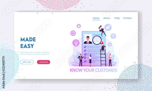 KYC or Know Your Customer Website Landing Page. Verifying of Clients Identity and Assessing their Suitability, Businesspeople Learn Customer Profile Web Page Banner. Cartoon Flat Vector Illustration photo