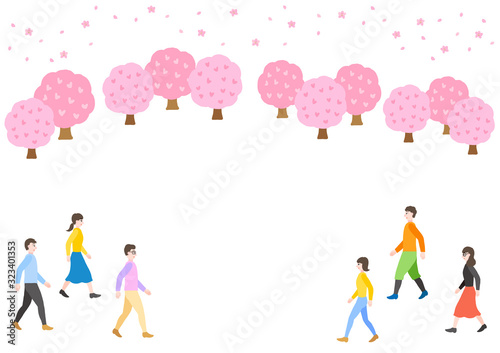 桜並木　花見をする人々