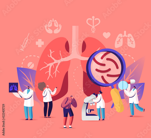 Respiratory Medicine Pulmonology Healthcare Concept. Doctors Check Human Tuberculosis or Pneumonia Lungs with Magnifying Glass, Make X-ray. Medical Pulmonological Care Cartoon Flat Vector Illustration photo