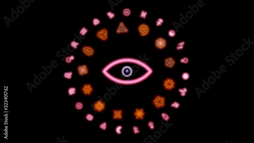 Circular ring with glowing mystical symbols . Sacred geometry , occult signs. 3d rendering illustration