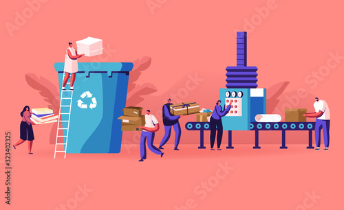 Group of People City Dwellers Throw Garbage to Recycle Litter Bin for Paper Waste. Environmental Protection Concept. Sort Recycle and Segregation of Cardboard Trash, Cartoon Flat Vector Illustration