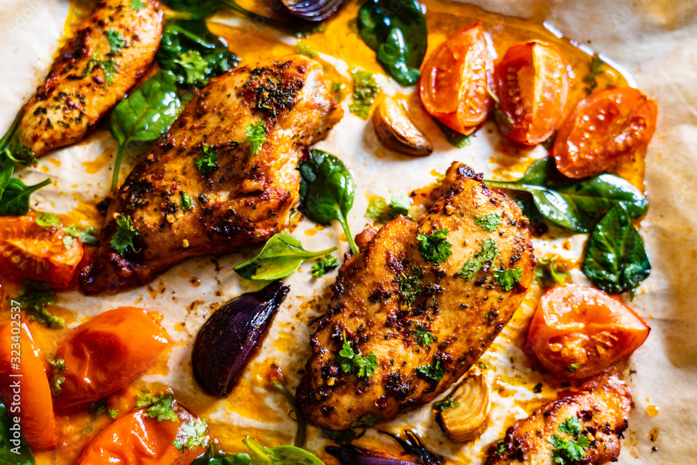 Sheet-pan barbecue chicken breasts with roast vegetables Sheet-pan barbecue chicken breasts with roast vegetables