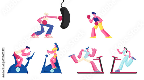 Set of Women and Men Training in Gym on Exercise Bike and Punching Bag. Sports Lifestyle Workout, Cardio Exercising in Fitness Club, Boxing Fight, Biking Sport Hobby Cartoon Flat Vector Illustration