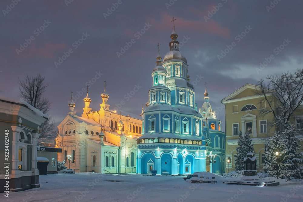 KHARKIV, UKRAINE - February 12th, 2020: Pokrovsky Cathedral on a cold winter evening