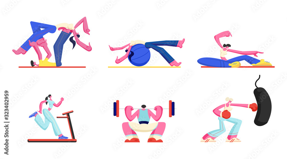 Set of People Engage Fitness, Aerobics Sport Activity. Men Women Healthy Lifestyle, Characters Pilates Workout, Bodybuilding Exercise, Training on Fitball, Treadmill Cartoon Flat Vector Illustration