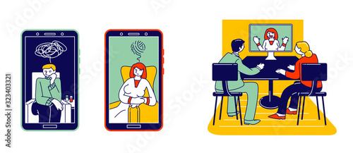 Online Psychotherapy Concept. Psychologist Doctor Help Patient to Unravel Tangled Thoughts. Family Couple with Problem Consulting with Psychologist Specialist Cartoon Flat Vector Illustration Line Art