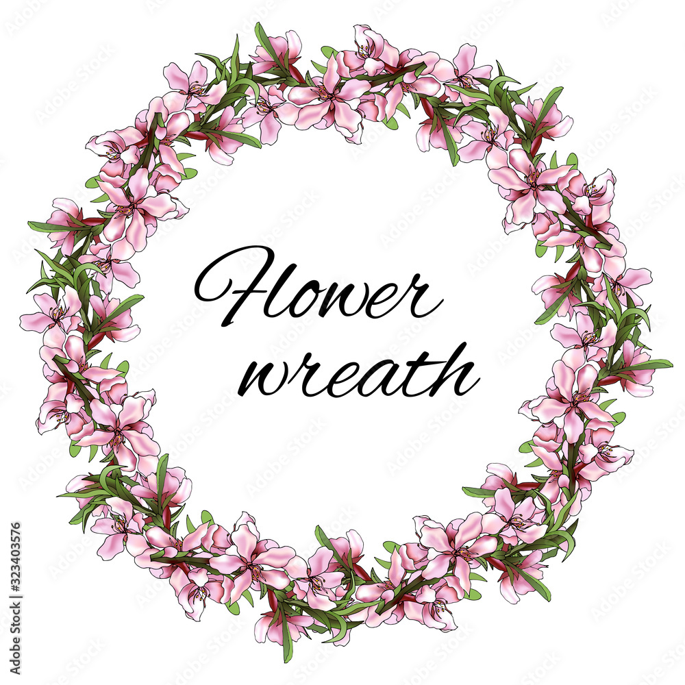 A wreath of gentle pink flowers on a white background. Vector ink drawn illustration for decorating cards, greetings and invitations.