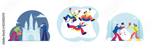 Set of Winter Time Hobbies and Activities. People Riding Downhills on Slides, Make Snowman and Ice Castle Sculpture Working with Chainsaw and Hammer Building Palace Cartoon Flat Vector Illustration
