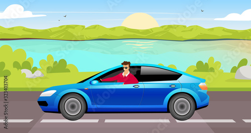 Young man driving sedan flat color vector illustration. Happy driver in blue car 2D cartoon character with lake landscape on background. Smiling guy in sunglasses on summer road trip