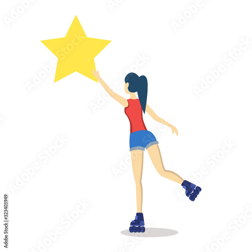 Girl on rollerblades semi flat RGB color vector illustration. Woman aspiring to succeed, dreaming of fame. User experience. Consumer feedback. Quality evaluation. Isolated cartoon character on white