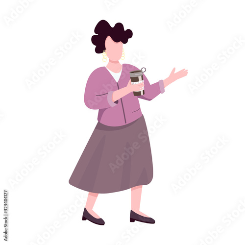 Elegant adult woman with thermo mug flat color vector faceless character. Caucasian middle aged lady holding portable metal coffee cup isolated cartoon illustration for web graphic design  animation