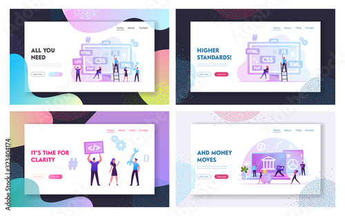Front End Programming, Fintech, Financial Technology Website Landing Page Set. Professional Expert Coding Interface, Safe Bank Transfers and Deposits Web Page Banner. Cartoon Flat Vector Illustration