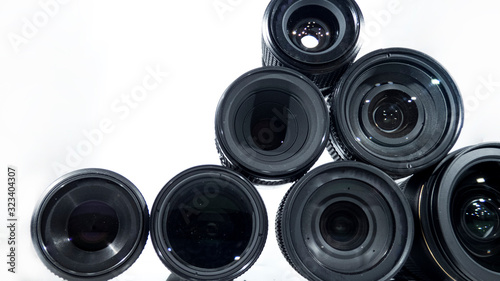 Collection of camera lens isolated on white background.