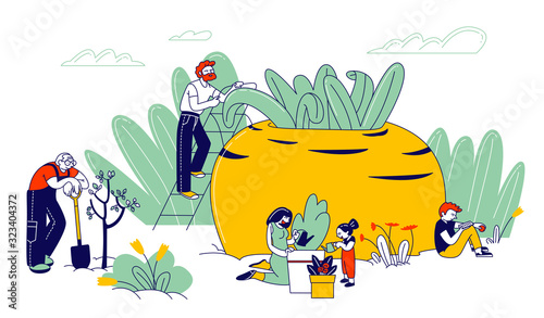 Gardening Hobby, Farmers or Gardeners Family with Kids Planting and Caring of Trees and Plants. Happy Characters Working in Garden Watering, Care of Flowers, Cartoon Flat Vector Illustration, Line Art