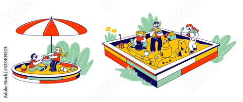 Boys and Girls Playing in Sandbox in Amusement Recreation Park or House Yard Place for Children Games. Funny Characters Building Sand Castle, Share Toys Cartoon Flat Vector Illustration, Line Art