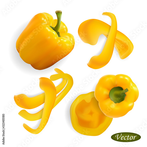 Set of yellow pepper isolated on a white background. View from above. Vector illustration in a realistic style. Natural vegetable whole and sliced. Healthy vegetarian food. Design elements 3D. Stock.