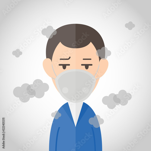 Man is wearing mask to protect outdoor air pollution with town background. PM 2.5 in dust meter. Business man character.