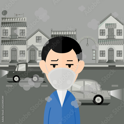 Man is wearing mask to protect outdoor air pollution with town background. PM 2.5 in dust meter. Business man character.