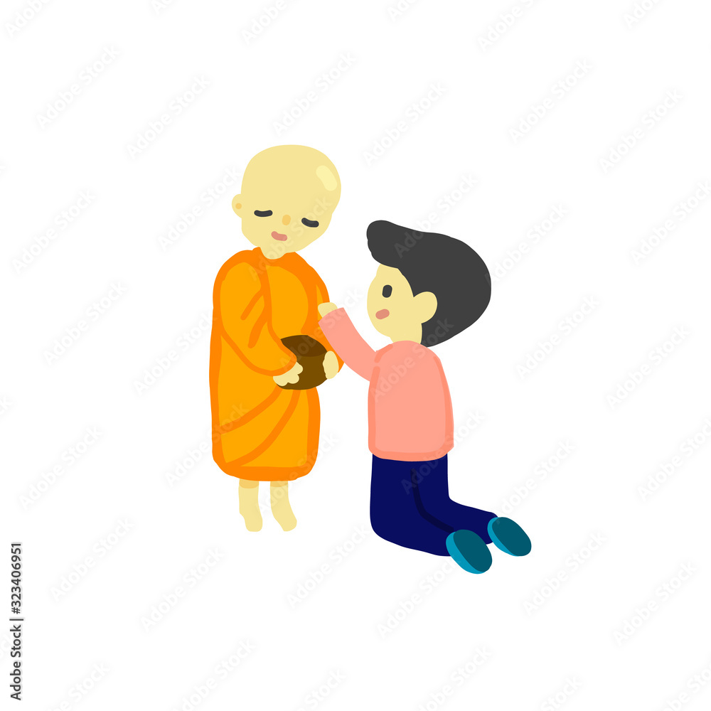 Vector illustration. Hand drawing cartoon character. Man offer Food to The Monks.