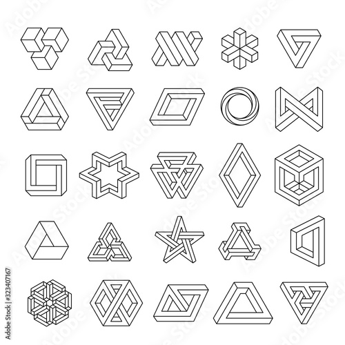 Set of geometric elements, impossible shapes, isolated on white, line design. Optical Illusion. Vector illustration.