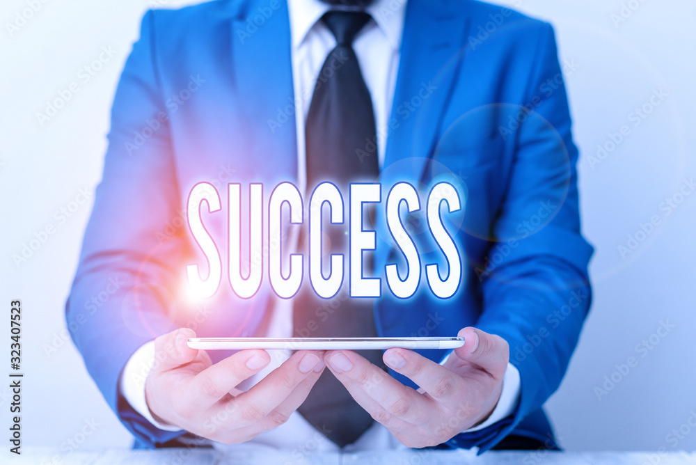 Word writing text Success. Business photo showcasing accomplishment aim purpose good or bad outcome of undertaking Businessman in blue suite with a tie holds lap top in hands Word writing text Success. Business photo showcasing accomplishment aim purpose good or bad outcome of undertaking Businessman in blue suite with a tie holds lap top in hands