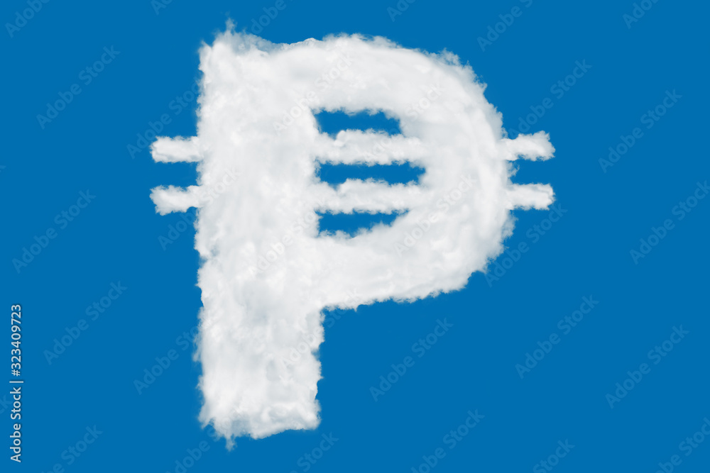 Philippian peso currency sign element made of clouds on blue background over sky Philippian peso currency sign element made of clouds on blue background over sky