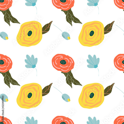 Seamless cute floral vector pattern background. Flower pattern on white background, doodle style, wrapping papper spring