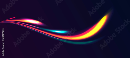 Vector design element of neon light lines shining in the dark forming feather shape, abstract background
