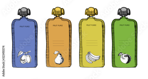 Blank flexible pouch with top cap. Baby puree with plum,pear,apple and banana. Food or drink bag packaging. Sketch hand drawn illustration, on the white background. Product Packing.